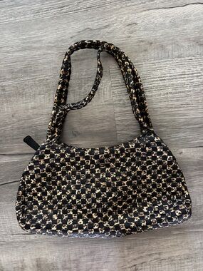 Quilted Checker-Print Shoulder Bag in Black and Tan